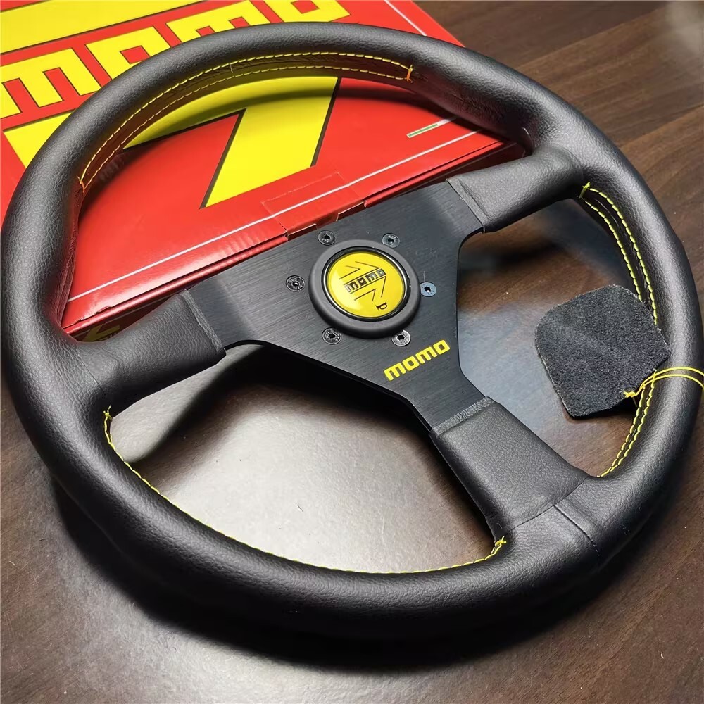 MOMO Veloce V1 350mm Leather Steering Wheel Yellow Horn Button 6-Bolt 70mm PCD