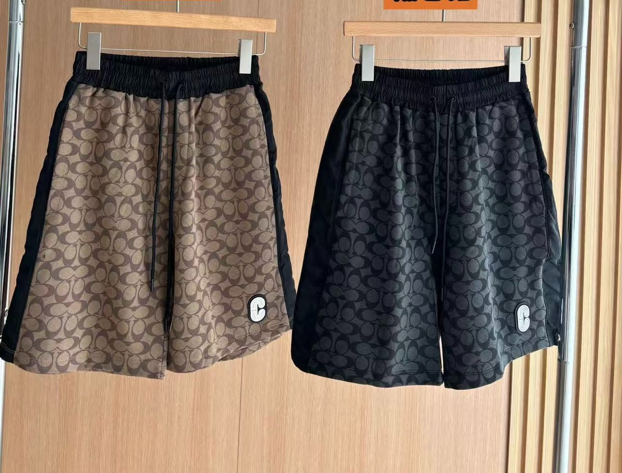 NWT COACH Men\'s Women Unisex Signature beach Brown black cotton terry shorts NWT COACH Men\'s Women Unisex Signature beach Brown black cotton terry shorts