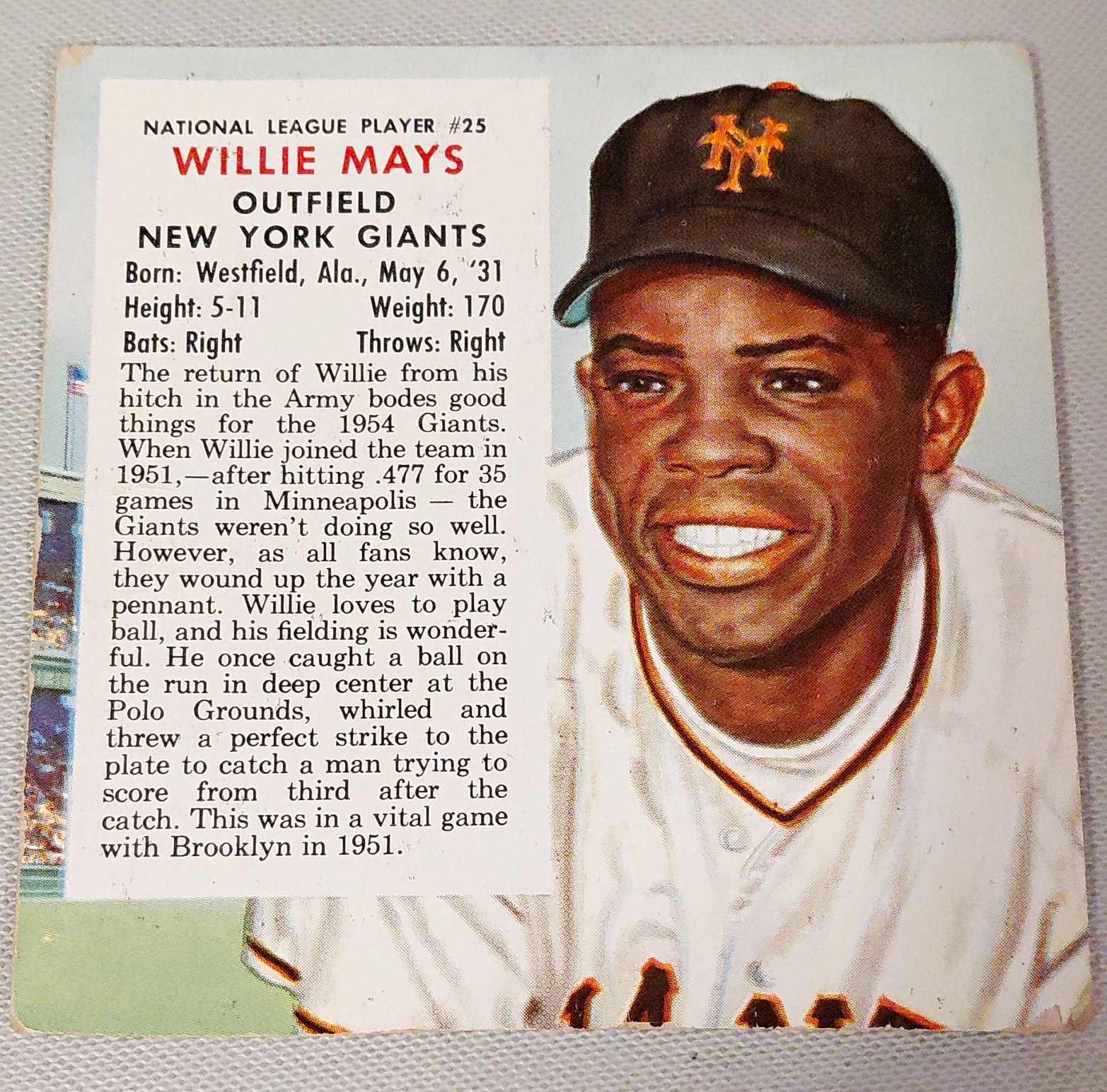 1954 Red Man Tobacco All-Star Team Willie Mays Giants NL #25 No Tab