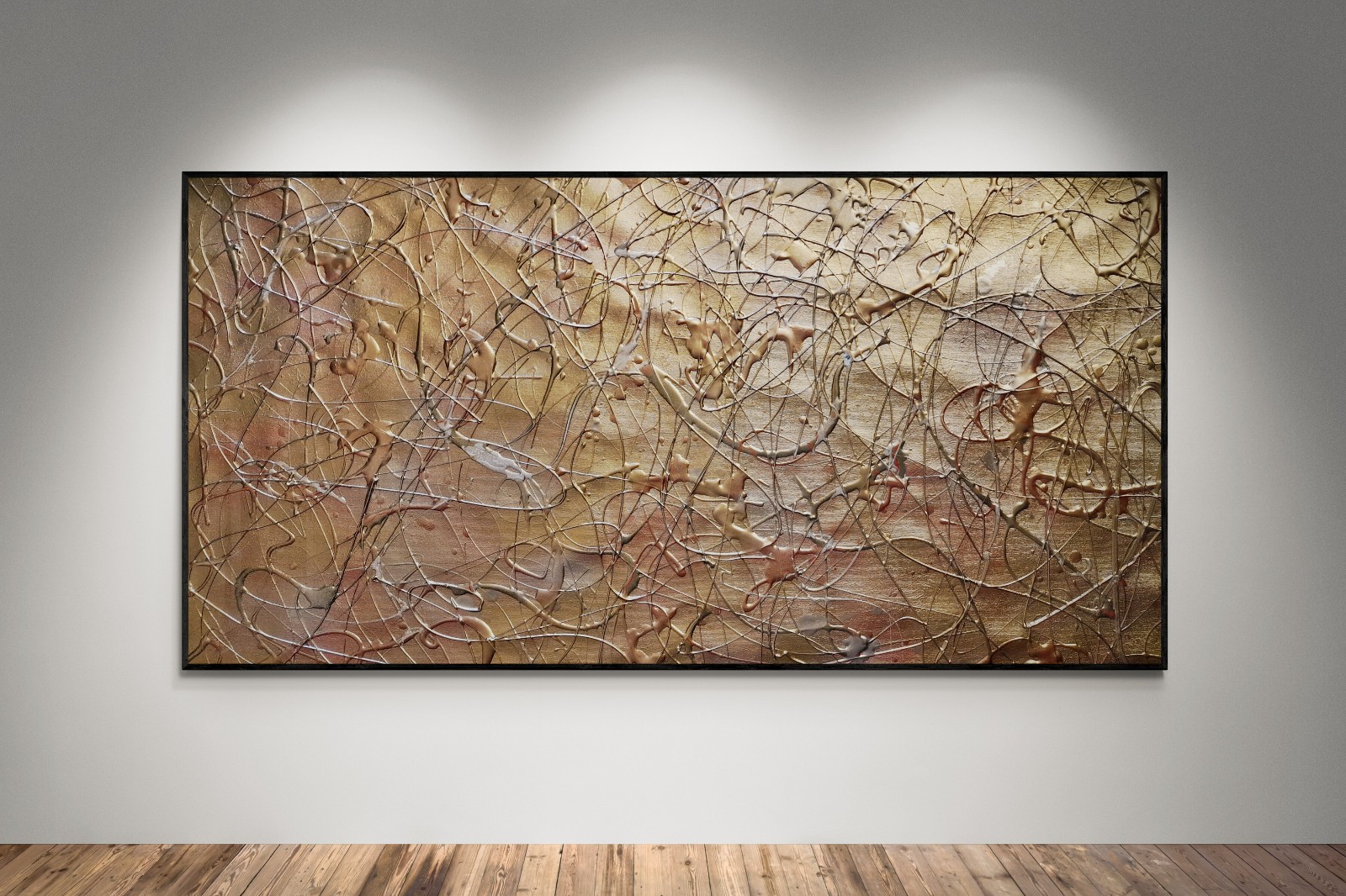 XXL Jackson Pollock Style Gold & Silver Abstract Art Textured Painting 59x30 in