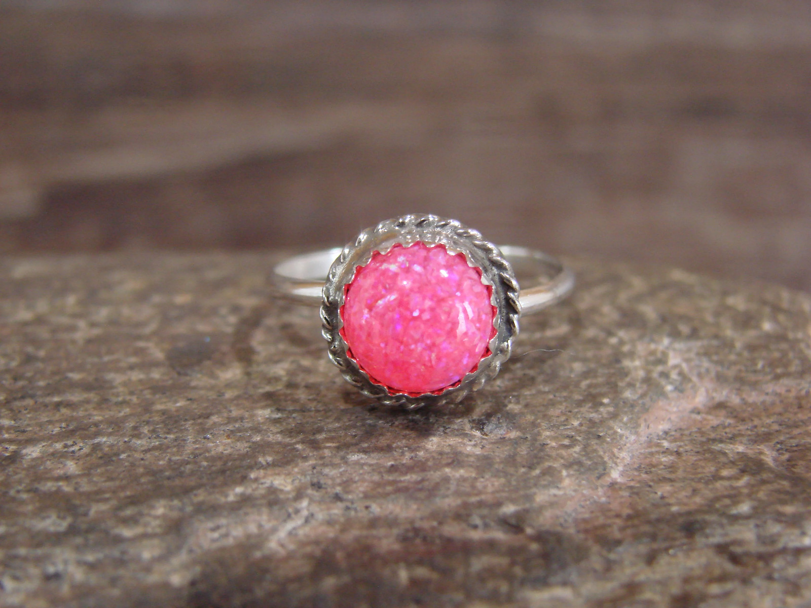 Native American Sterling Silver & Pink Opal Ring by White - Size 5.5