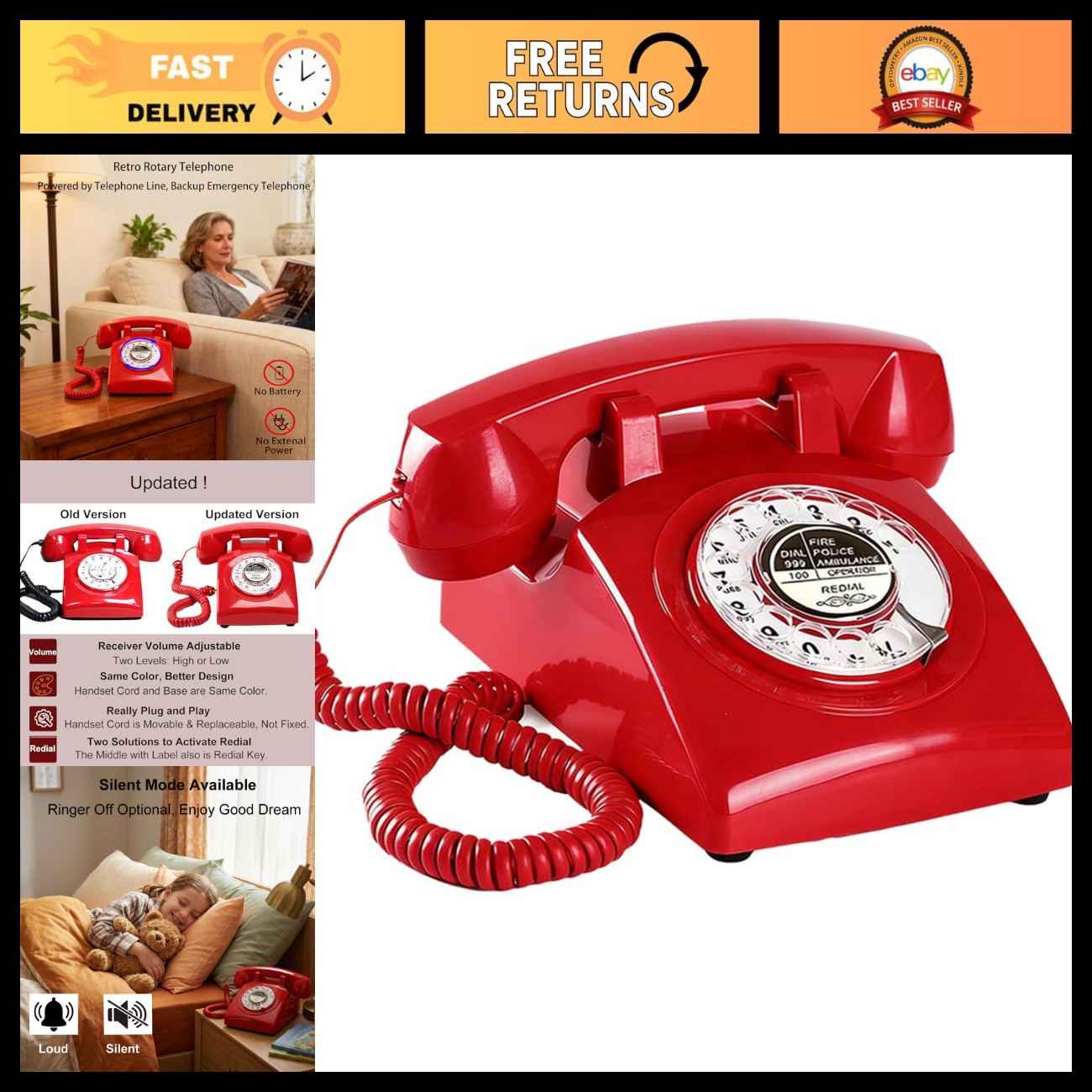 Vintage Red Rotary Phone with Redial & Ringer On/Off - Antique 1960s Landline Di