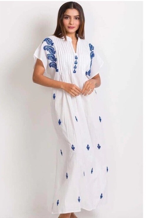 Sevya Maxidress CoverUp Saguna Blue Embroidered Caftan Handmade & Fair Trade L/X