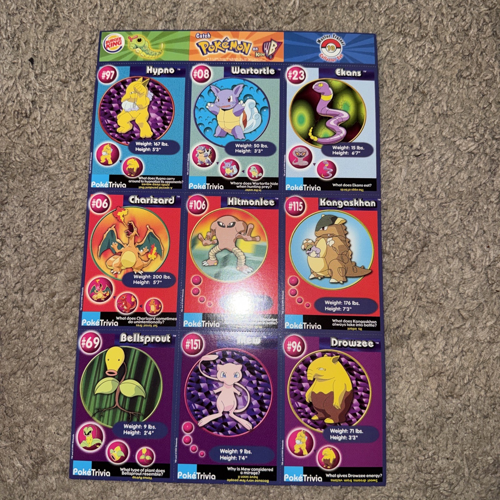 1999 BURGER KING POKEMON #10 UNCUT SHEET WITH CHARIZARD & MEW, NEW MINT 1999 BURGER KING POKEMON #10 UNCUT SHEET WITH CHARIZARD & MEW, NEW MINT