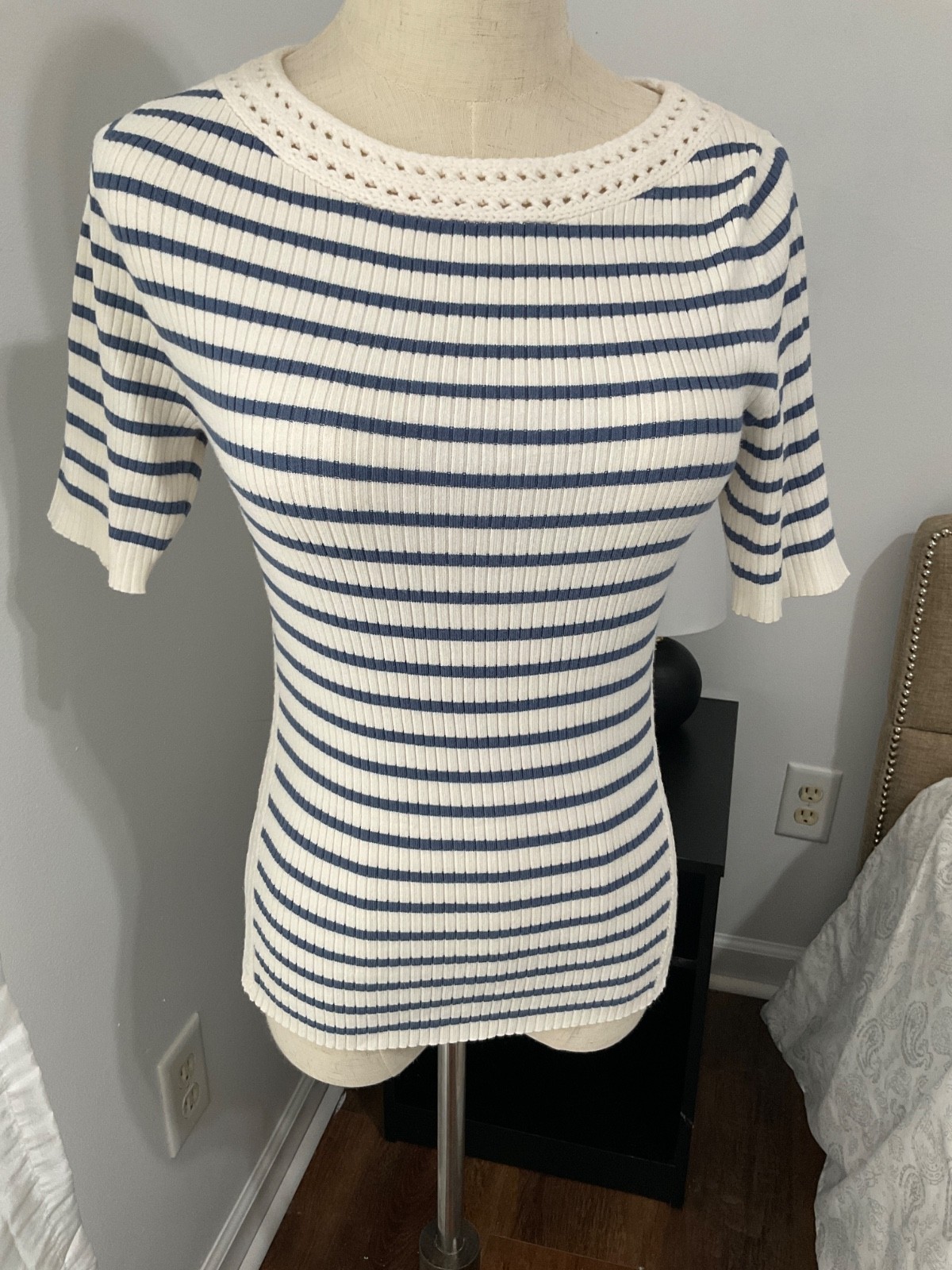 Loft NWT Striped Crochet Trim Sweater Tee Precious Saphire (Blue) Small