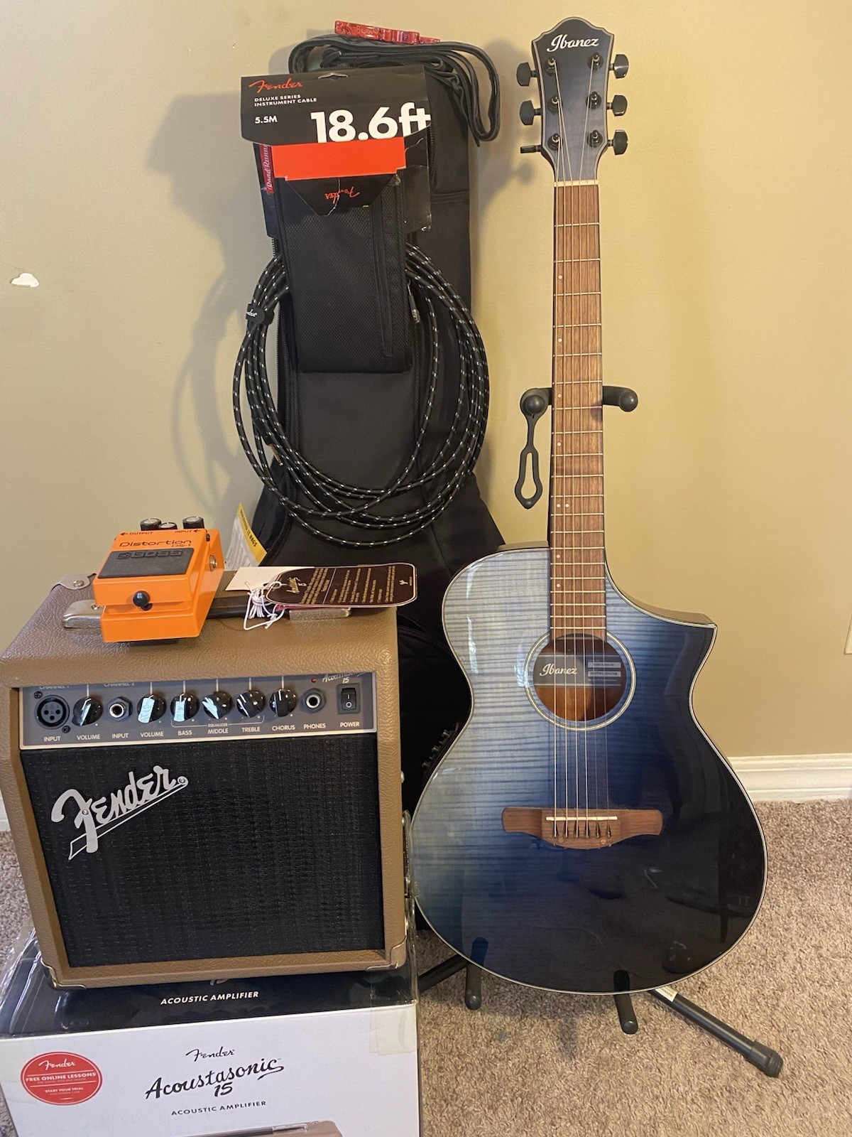 Ibanez AEWC32FM-ISF Acoustic Electric Guitar w/ Case,Fender Amp,Boss DS-1 Pedal Ibanez AEWC32FM-ISF Acoustic Electric Guitar w/ Case,Fender Amp,Boss DS-1 Pedal
