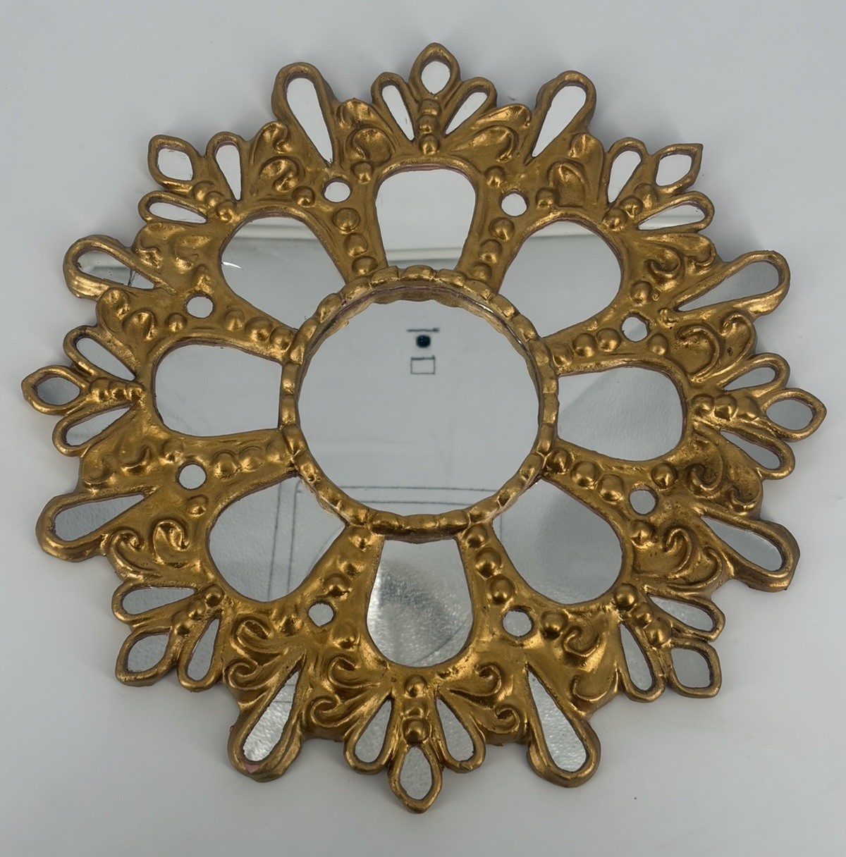 Vintage Golden Wood Carved Baroque Multi Faceted Antique Sun Mirror 32cm