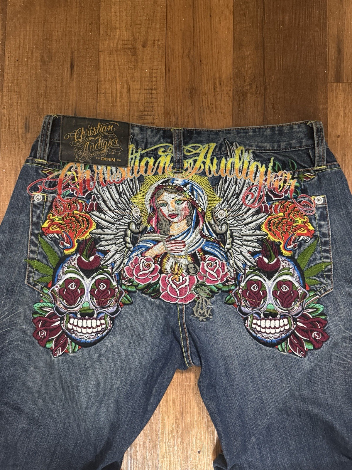 Ed Hardy Christian Audigier Virgin Mary Jeans Vintage Size 36 RARE