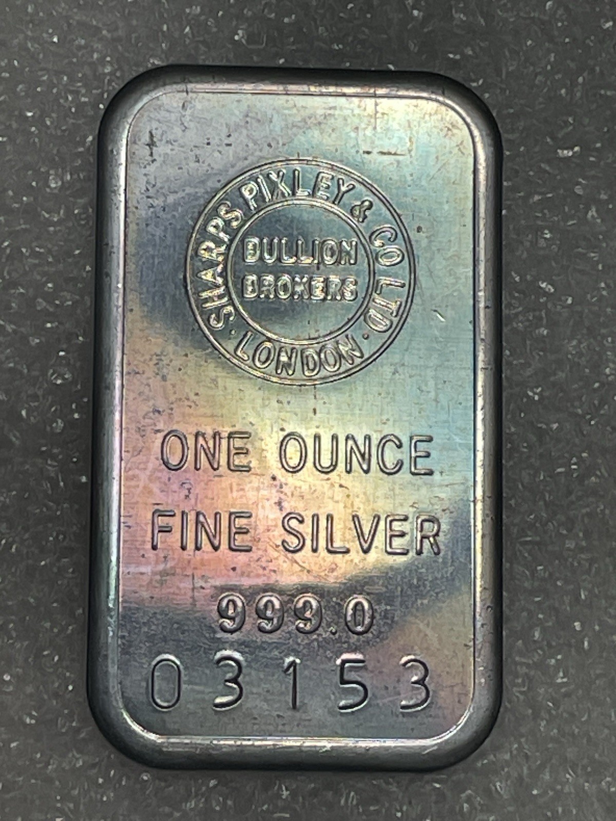Vintage Sharps Pixley & Co. Ltd. London 1 Oz Silver Bar #03153- Awesome Toning Vintage Sharps Pixley & Co. Ltd. London 1 Oz Silver Bar #03153- Awesome Toning