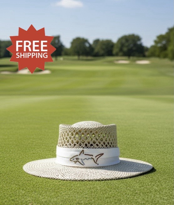 Greg Norman Signature Straw Hat w/ Embroidered Shark Logo White Band - Natural