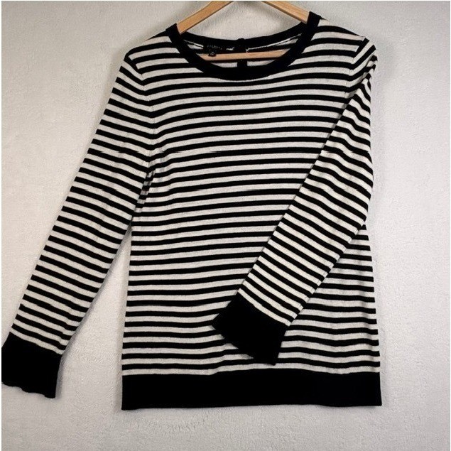 Talbots Petites Striped Lambswool Blend Sweater Black Ivory Button Back SP