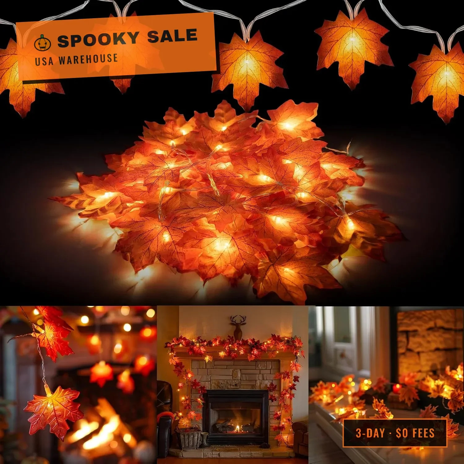 4 Pack Thanksgiving Maple Leaf String Lights, Total 40FT 80 LED Battery Operated