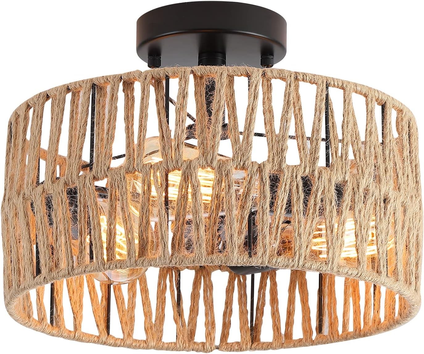 3-Light Coastal Woven Flush Mount Light Fixture Boho Rustic 