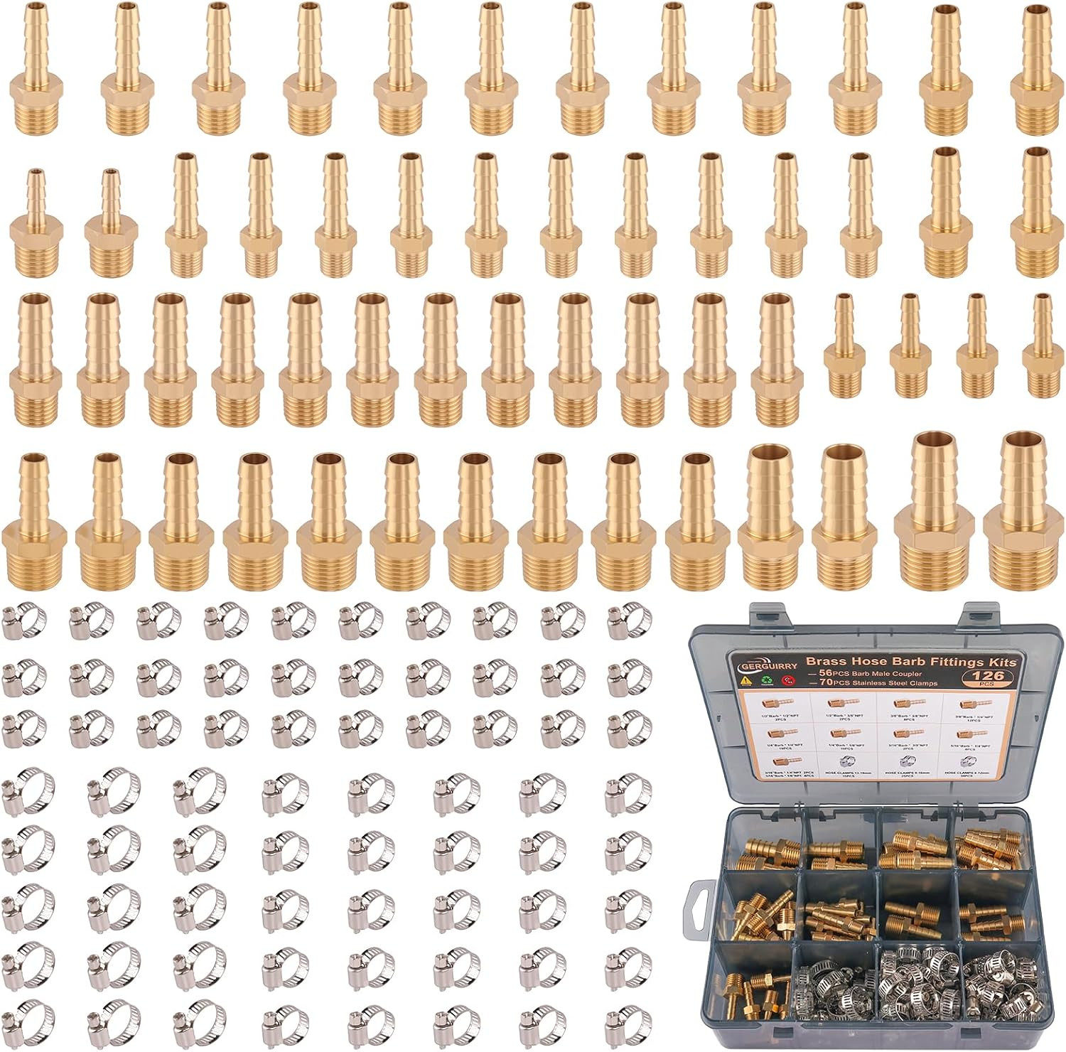 126PCS Brass Hose Barb Fittings Kit, Male Adapter NPT Hose Repair 126PCS Brass Hose Barb Fittings Kit, Male Adapter NPT Hose Repair