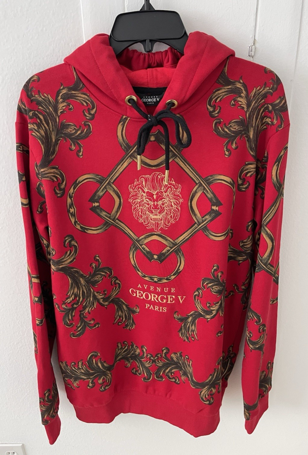 Avenue George V Paris Red Hoodie Rhinestone Men’s Long Sleeve Sweatshirt L