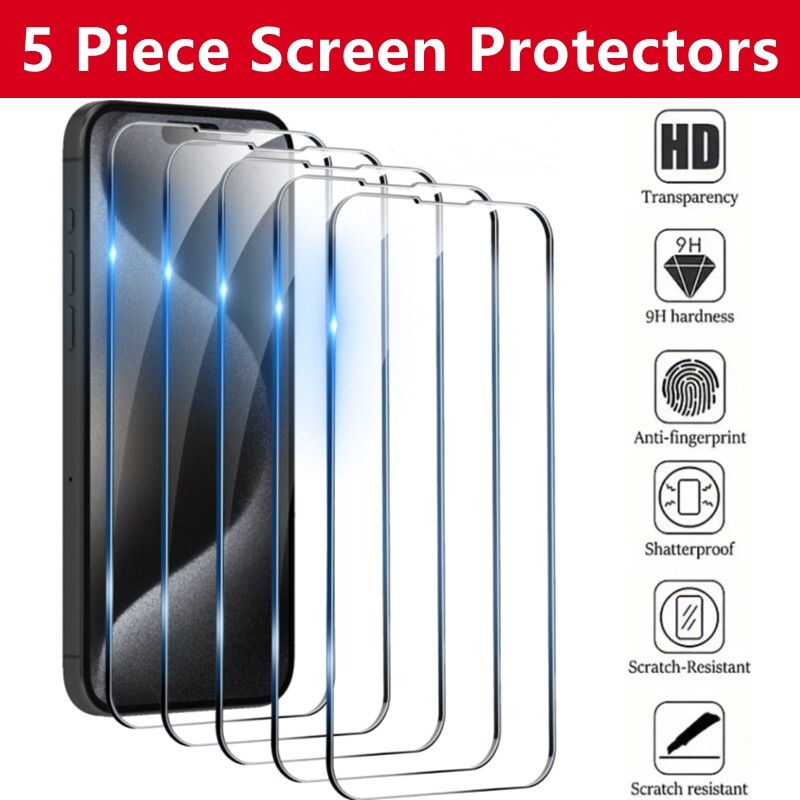 5 Pack Tempered Glass Screen Protector for iPhone Duo 18 Pro Max 17 16 15 14 13