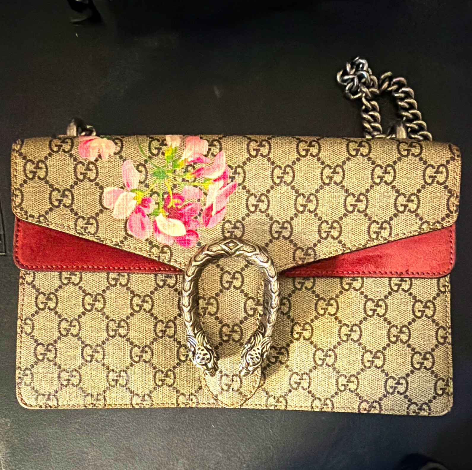 Gucci GG Blooms Dionysus Shoulder Bag Chain Strap Push Lock Beige Burgundy