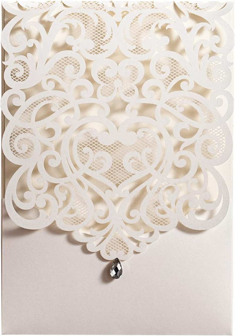 50PCS White Wedding Invitations Kit 5 X 7.3 Inch Laser Cut Hollow Rose Rhineston