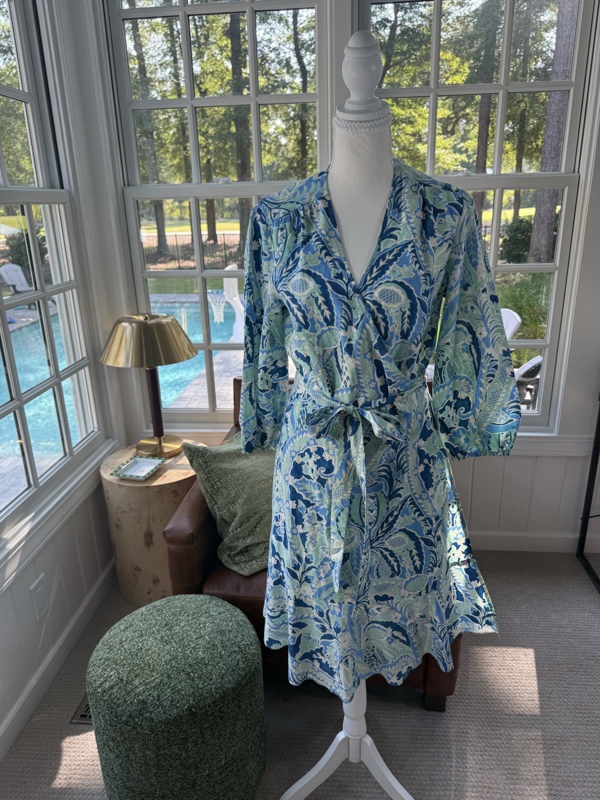 J. McLaughlin Women\'s Blue/Green Floral Wrap Dress Collared 3/4 Sleeve Size M