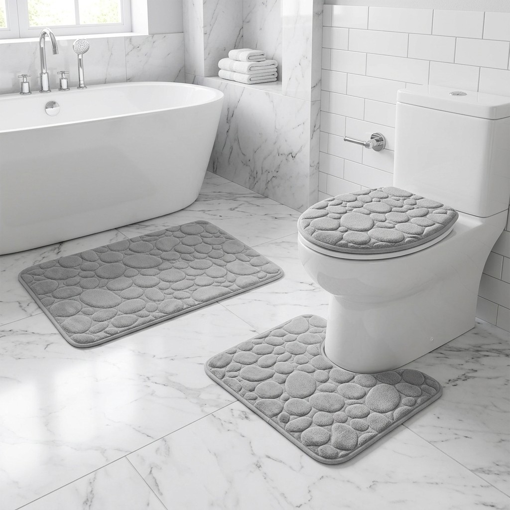 3 Piece Bathroom Rug Set Pebble Bath Mat U Shaped Toilet Rug Lid Cover Decor Set