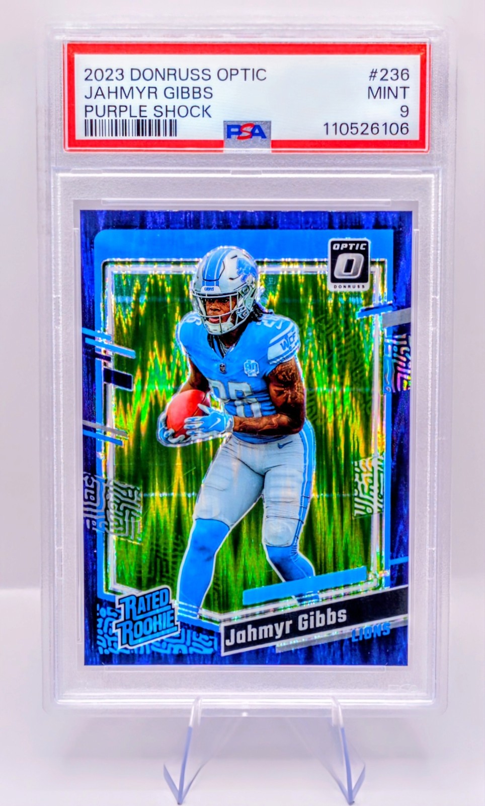 2023 Panini Donruss Optic Jahmyr Gibbs Purple Shock Prizm RC - PSA Mint 9 -...