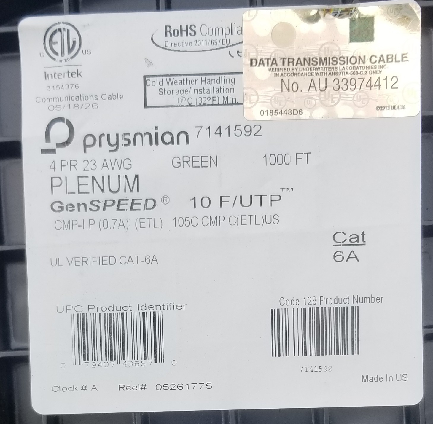 Prysmian GenSPEED® 10 Cat 6A Plenum F/UTP(ScTP),CMP-LP, 1000 Ft Cable NEW(5/26) Prysmian GenSPEED® 10 Cat 6A Plenum F/UTP(ScTP),CMP-LP, 1000 Ft Cable NEW(5/26)