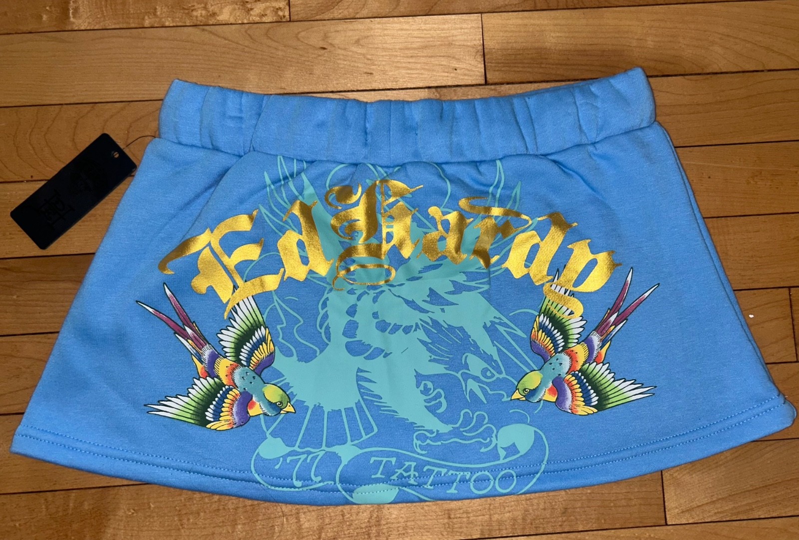 NEW NWT ED HARDY Y2K Swallow Bird Fleece Mini Skirt in Powder Blue Size S NEW NWT ED HARDY Y2K Swallow Bird Fleece Mini Skirt in Powder Blue Size S