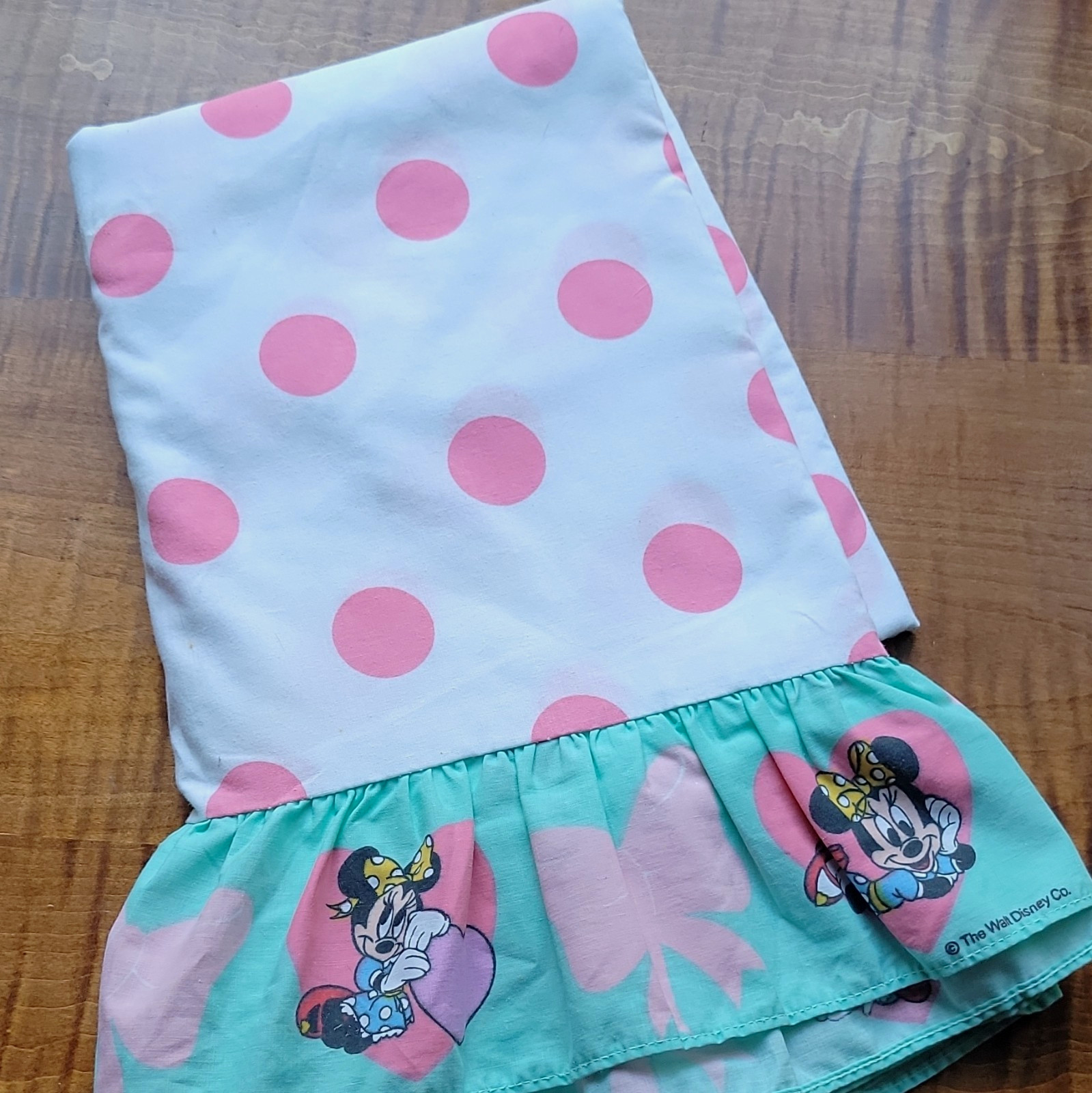 1990's Disney Minnie Mouse Twin Flat Sheet Pink Polka Dot Ruffle, Vintage Bed