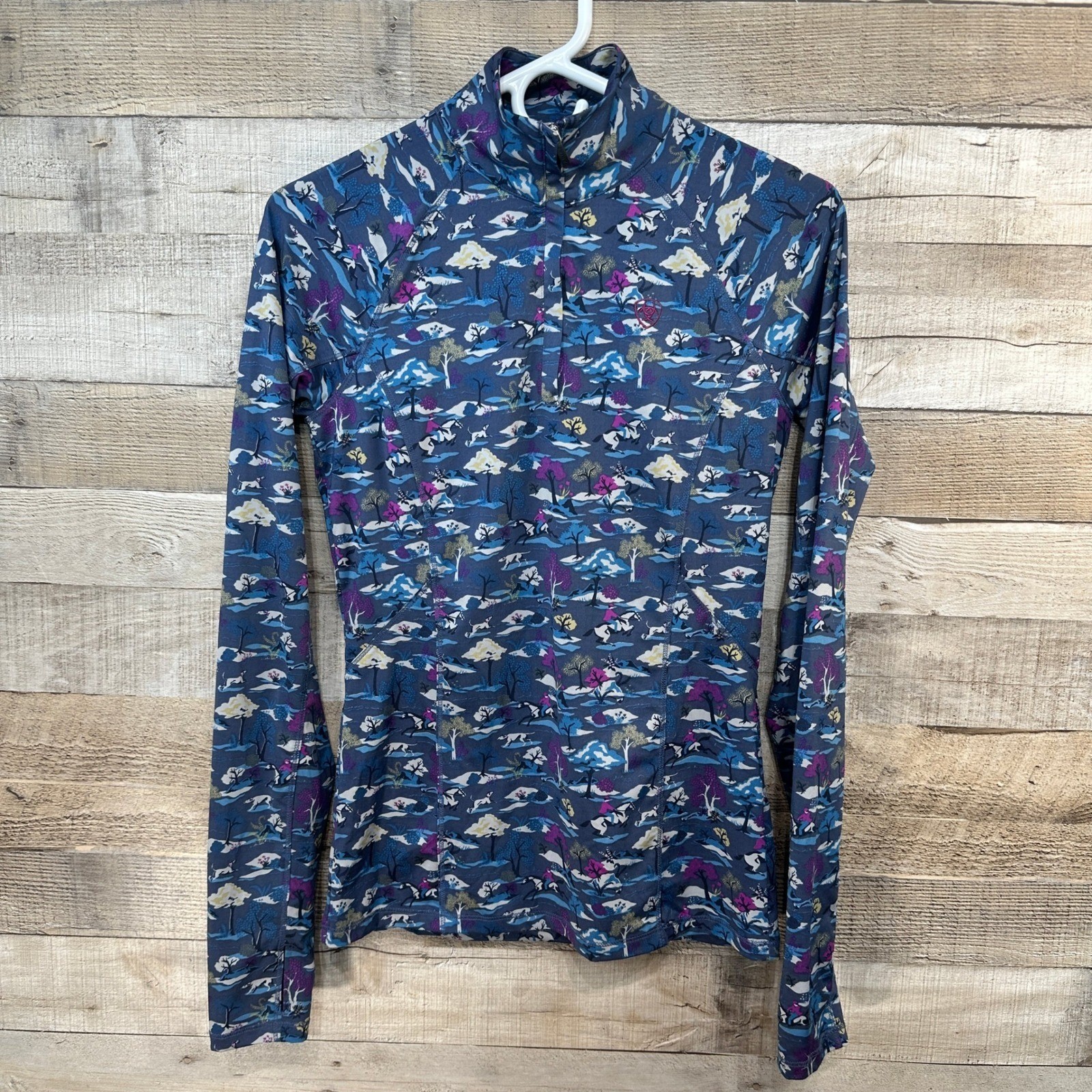 AriatTek Cold Series 14 Zip Long Sleeve Top Women Small Horse Riding Print Blue