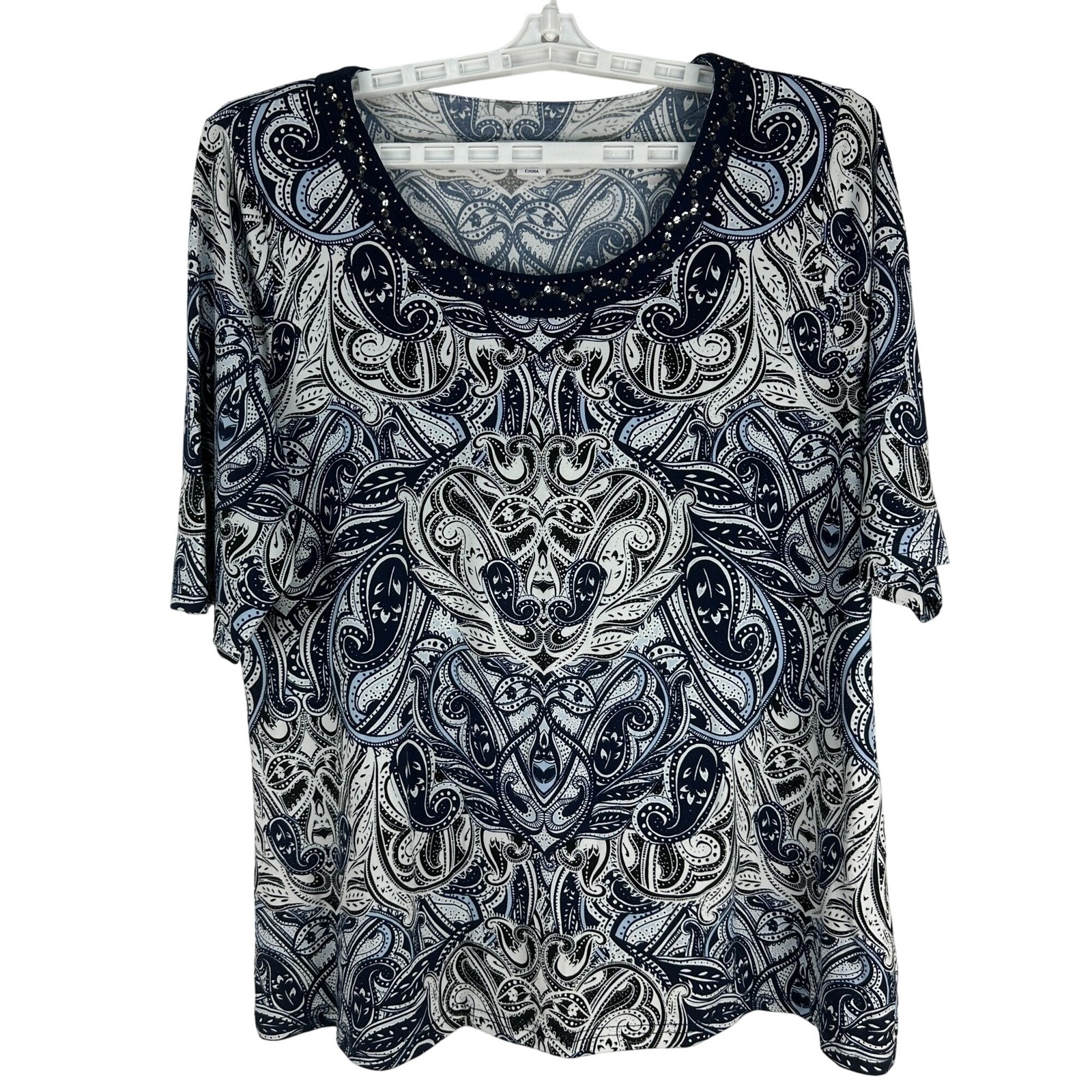 Rockmans Womens L Paisley Top Multi-Colored Embellished Scoop Neck Short Sleeves
