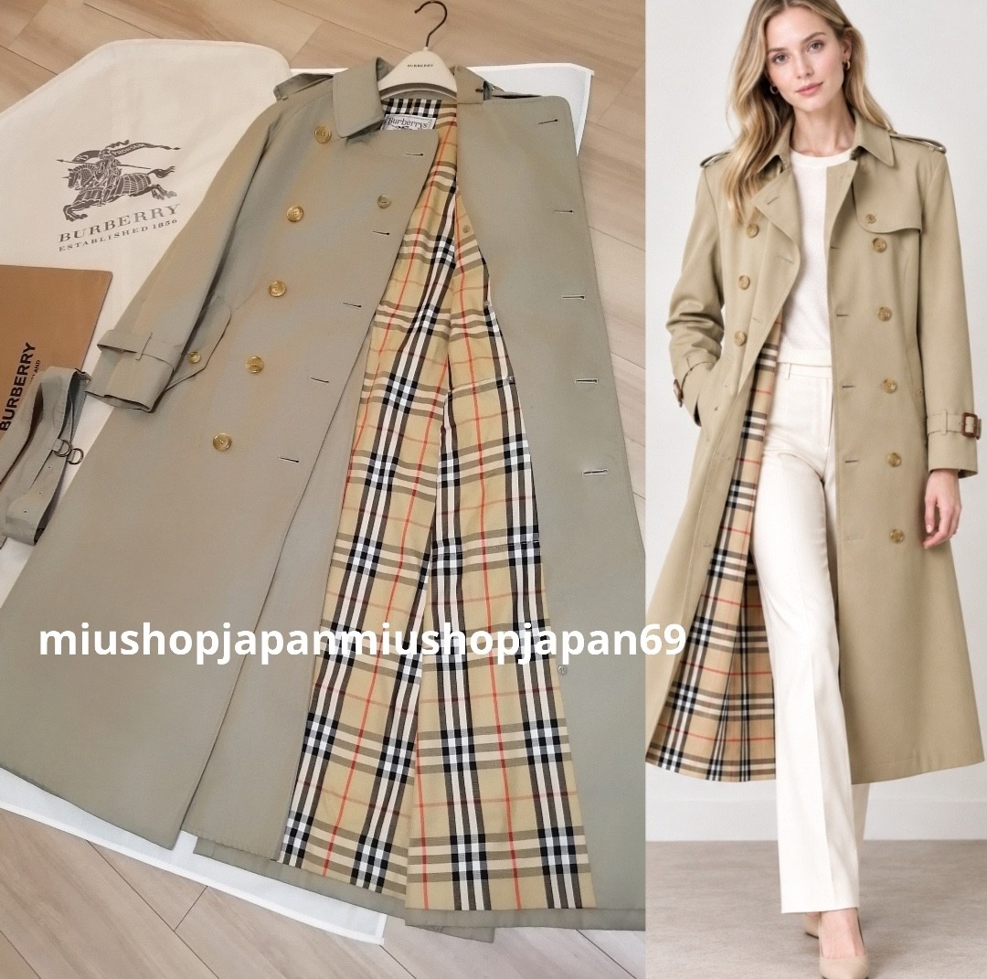 BURBERRY Trench Coat Authentic Vintage Trench w/Belt Long Check Khaki S/UK8/US6 BURBERRY Trench Coat Authentic Vintage Trench w/Belt Long Check Khaki S/UK8/US6