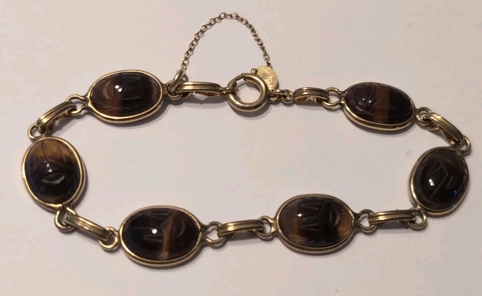 Vintage BAL-RON 12K Gold Filled Tigers Eye Scarab Bracelet