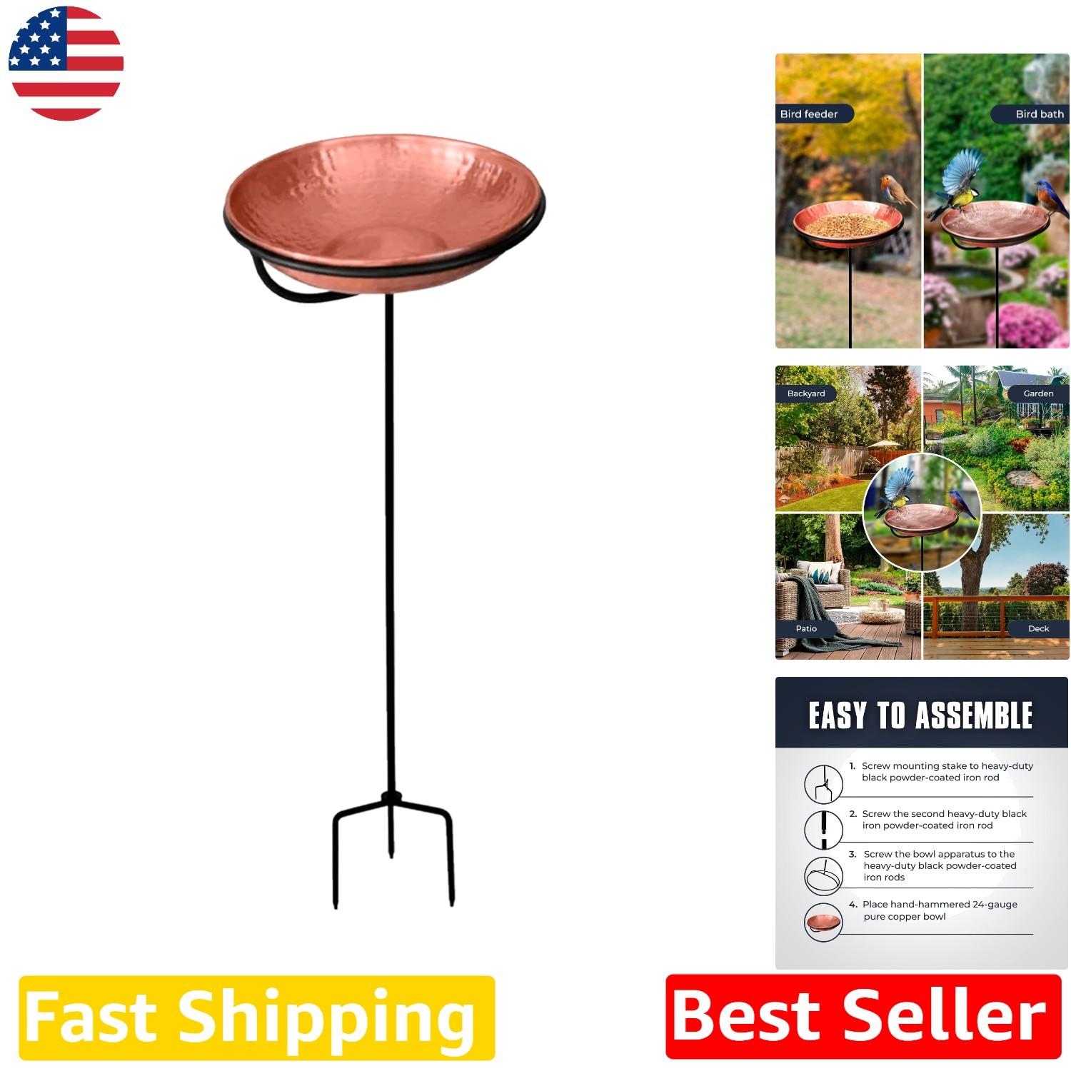 Elegant Hand-Hammered Copper Bird Bath/Feeder - 34\