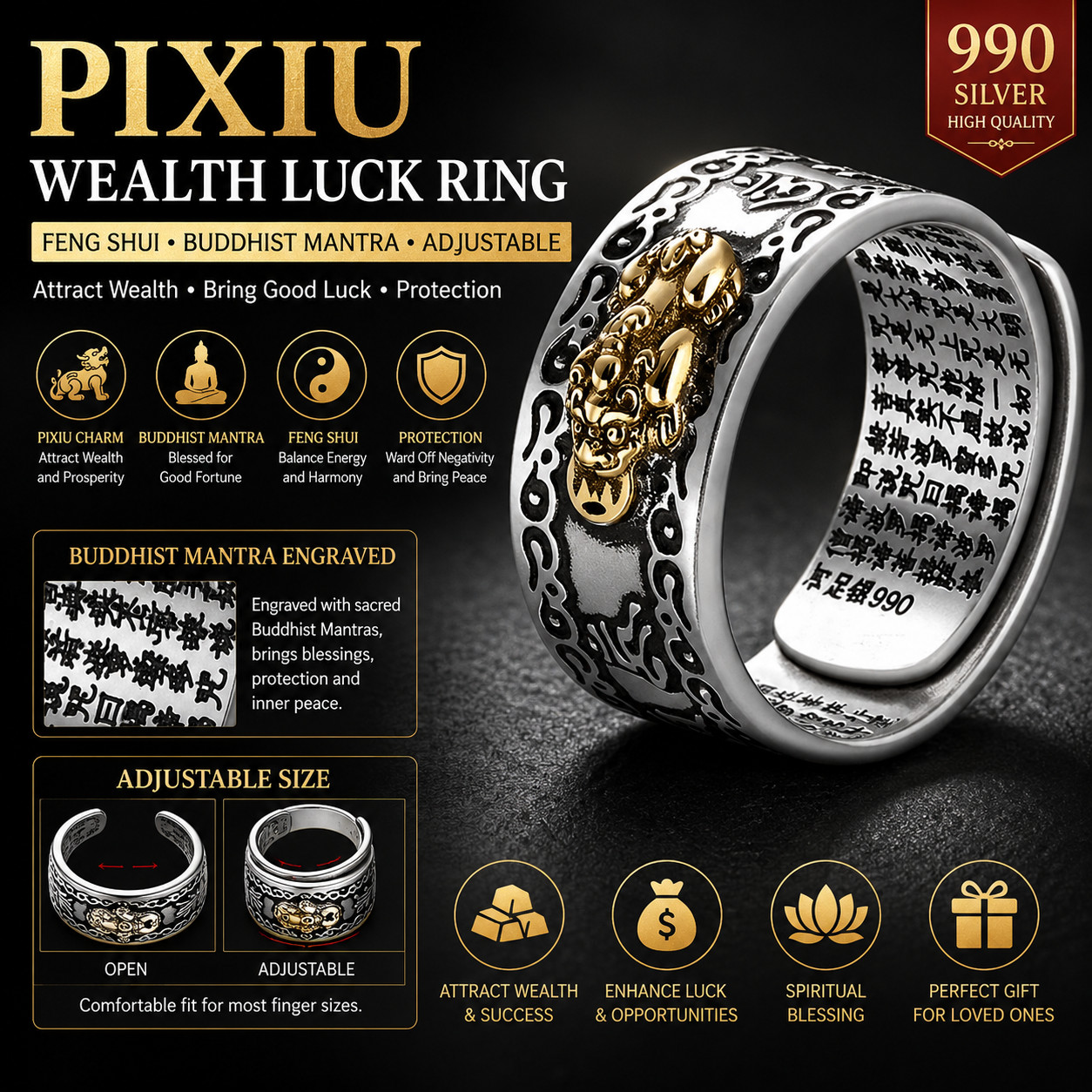 Feng Shui Pixiu Adjustable Ring Buddhist Mantra Attract Wealth Lucky Ring Charm