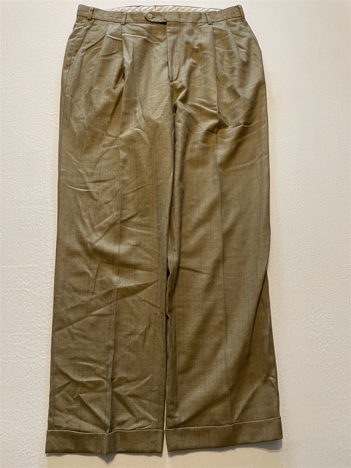 VTG Berle 36 x 32 Light Brown Herringbone Check Super 100\'s Wool Trousers