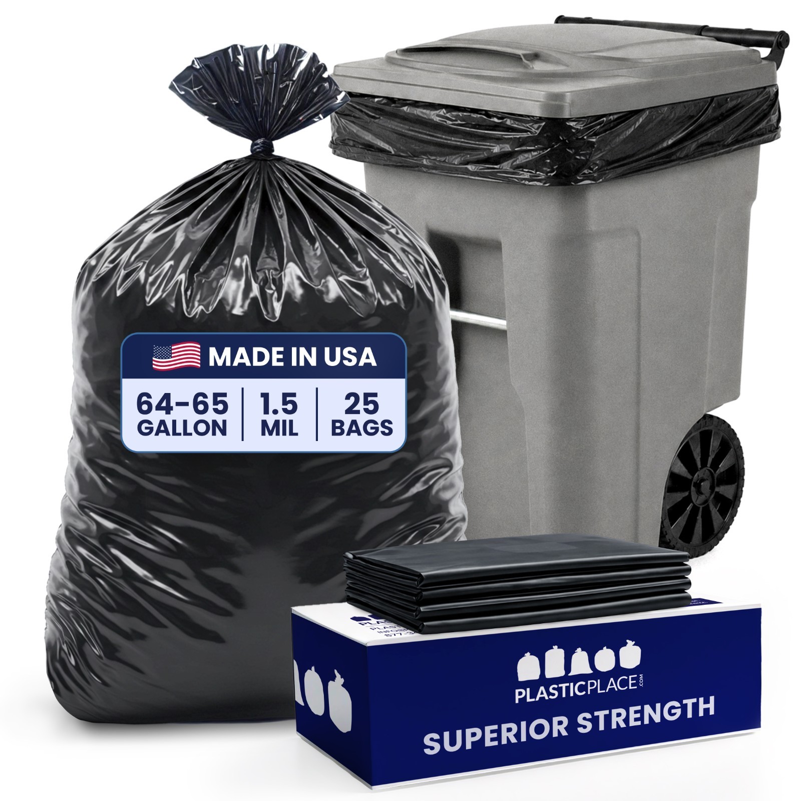 Plasticplace 64-65 Gallon Trash Bags, Black, 1.5 Mil, 25 Count