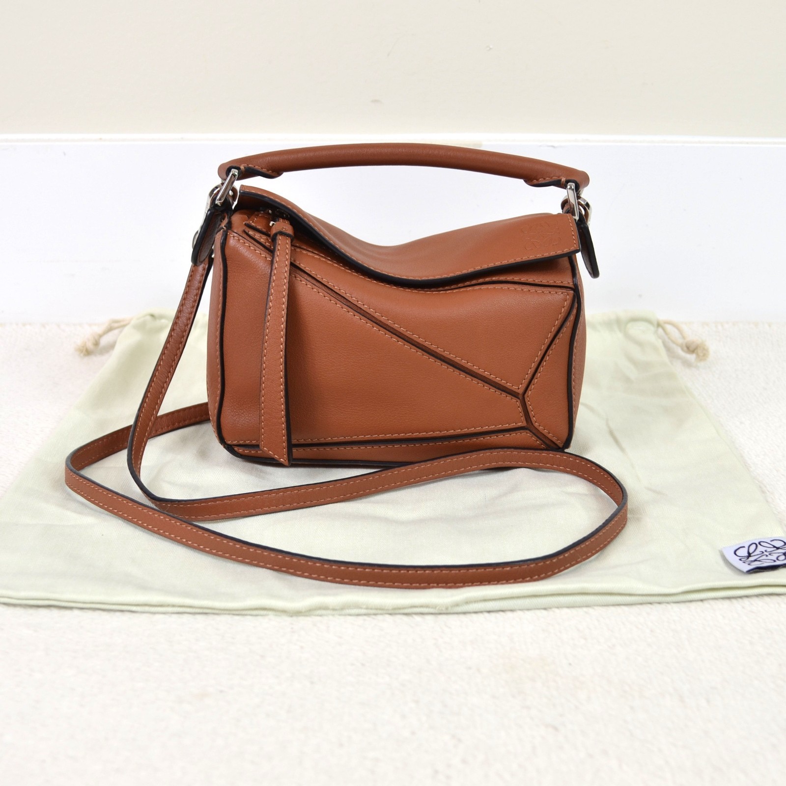 Loewe Puzzle Mini Tan Brown Calfskin Leather Shoulder Bag Handbag Purse
