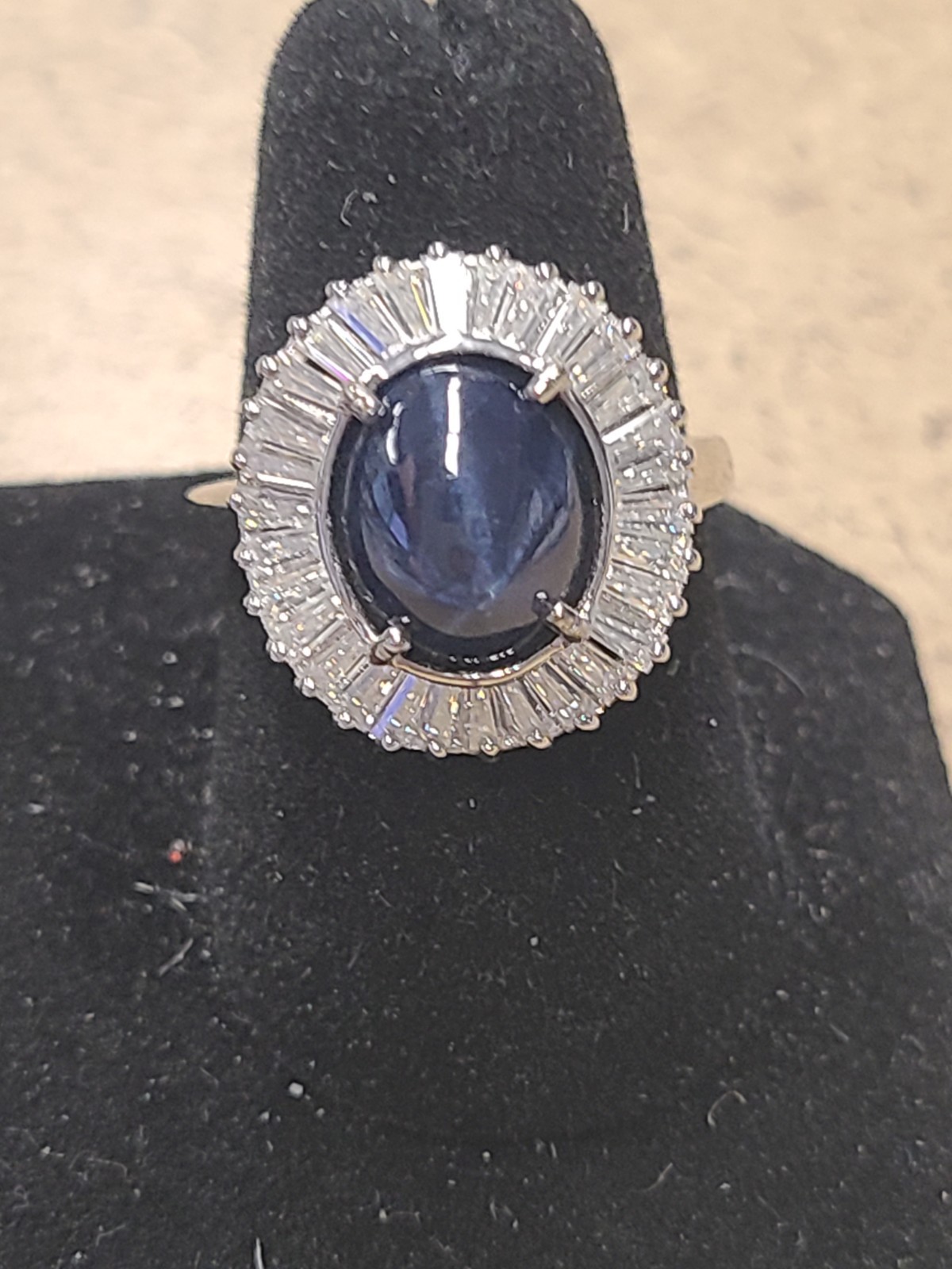D\'Joy Blue Star Sapphire (DF), Moissanite Ring in Rhodium Over Sterling Silver