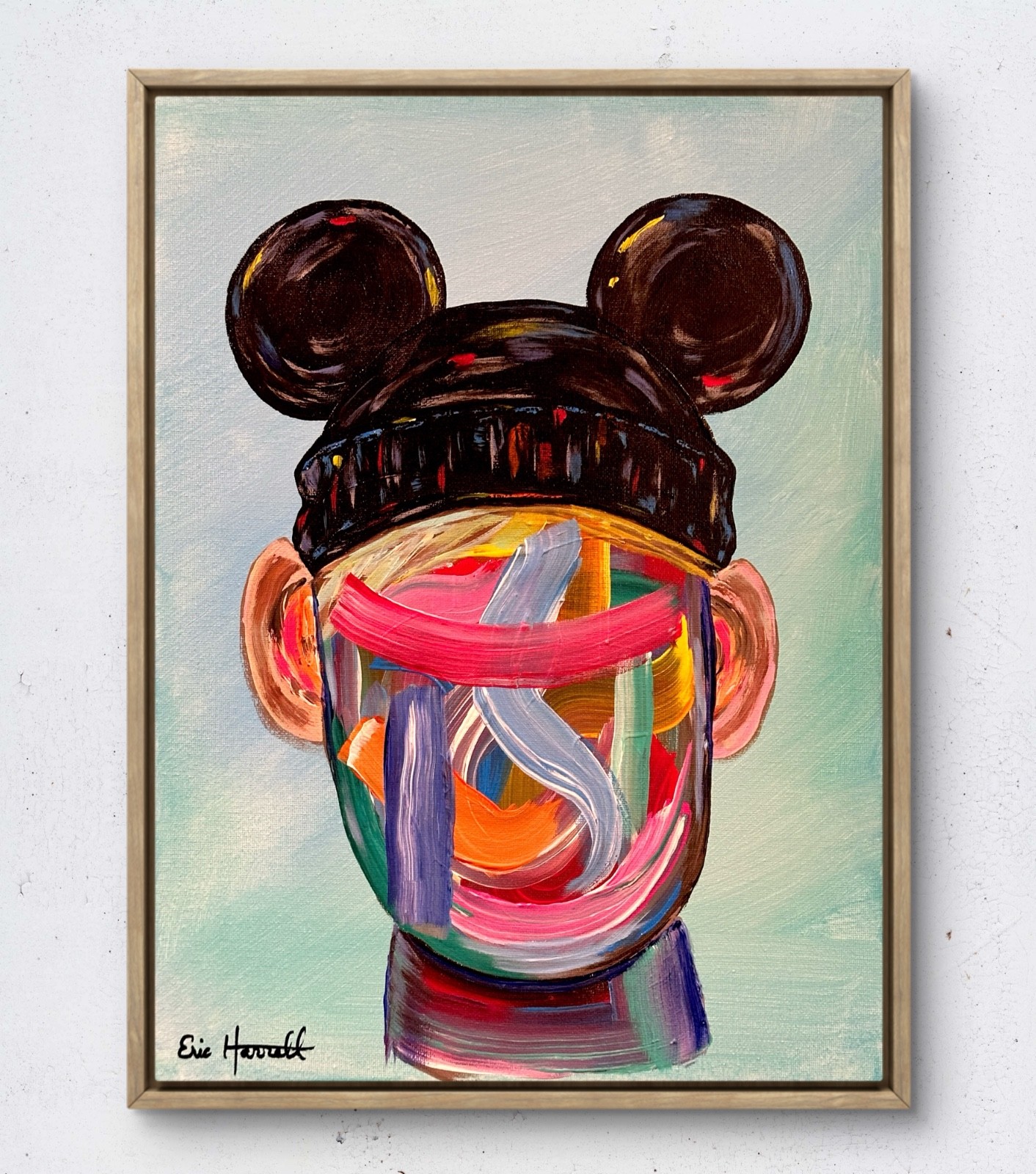 Original 16x12 Abstract Face Mouse Ears Modern Expressionist Canvas Painting Art
