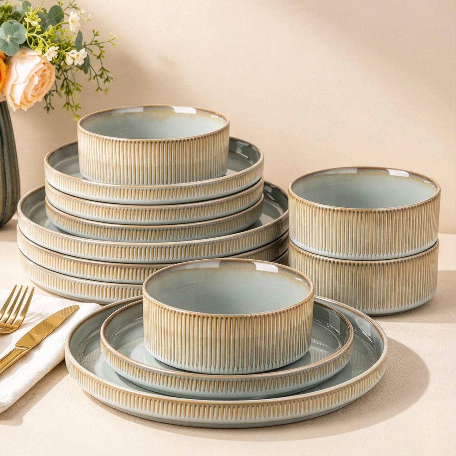 LERATIO Dinnerware sets for 4,12 Piece Stoneware Plates and Bowls sets | Hand... LERATIO Dinnerware sets for 4,12 Piece Stoneware Plates and Bowls sets | Hand...