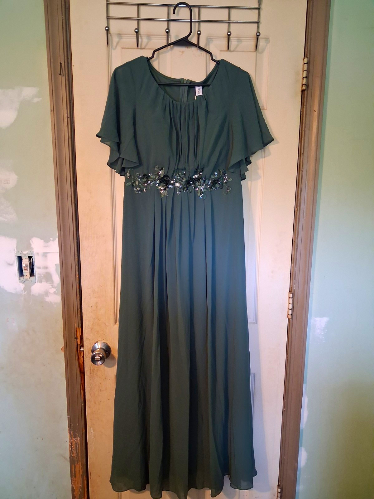 Ever-Pretty Green Chiffon Bridesmaid Dress S Short Sleeve Floral Sequin Waist