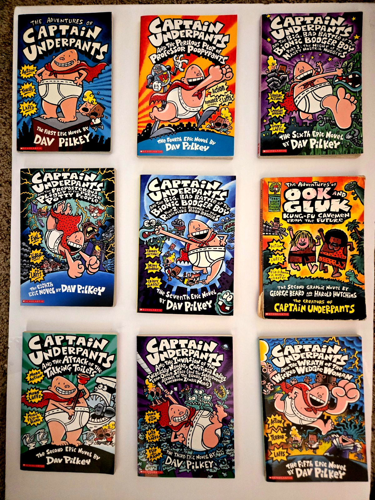 Lot of 8 Captain Underpants Chapter Books & Bonus Adv. of Ook & Gluk