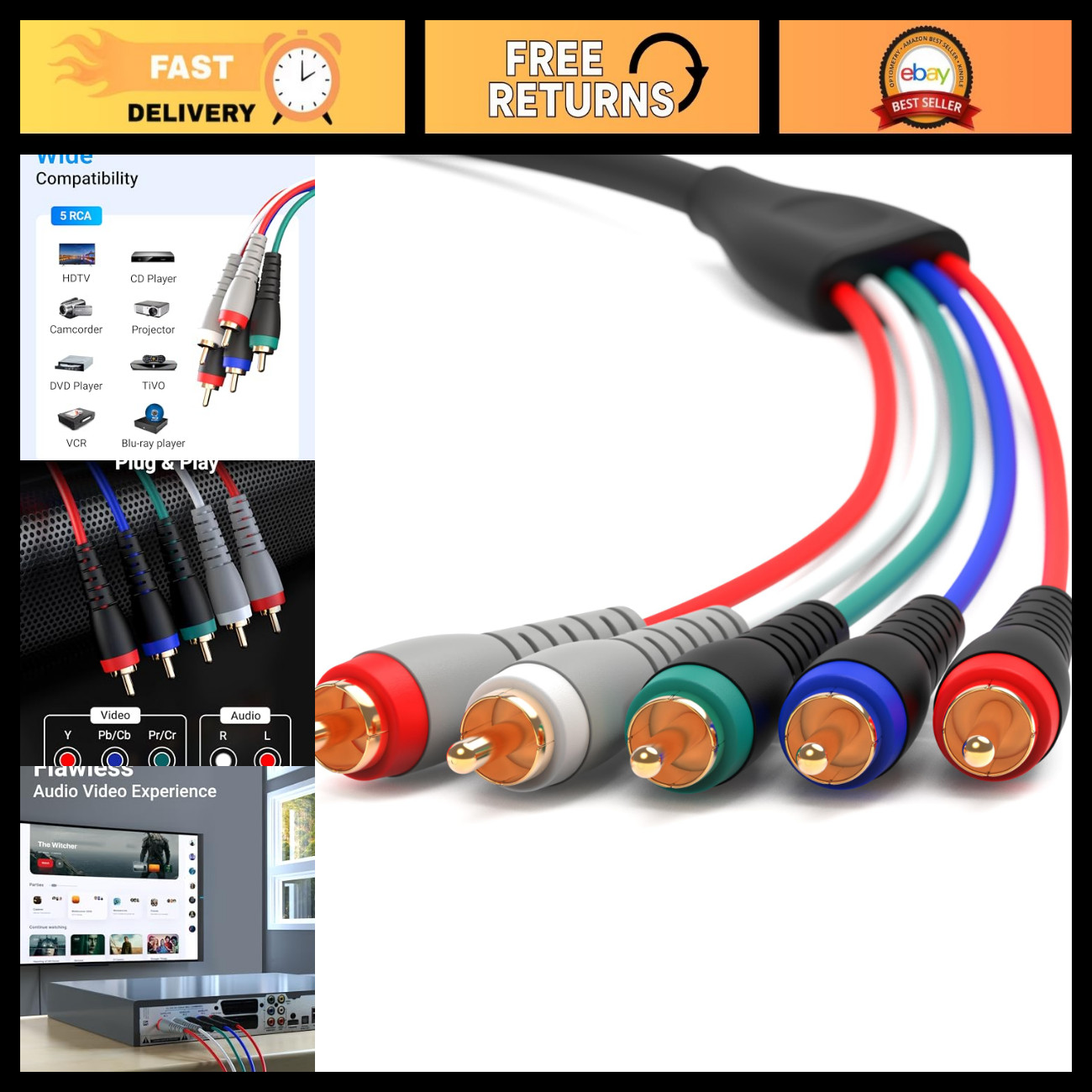 6FT Component Video & Audio RCA Cable - Supports 1080i for DVD, VCR, Projector 6FT Component Video & Audio RCA Cable - Supports 1080i for DVD, VCR, Projector