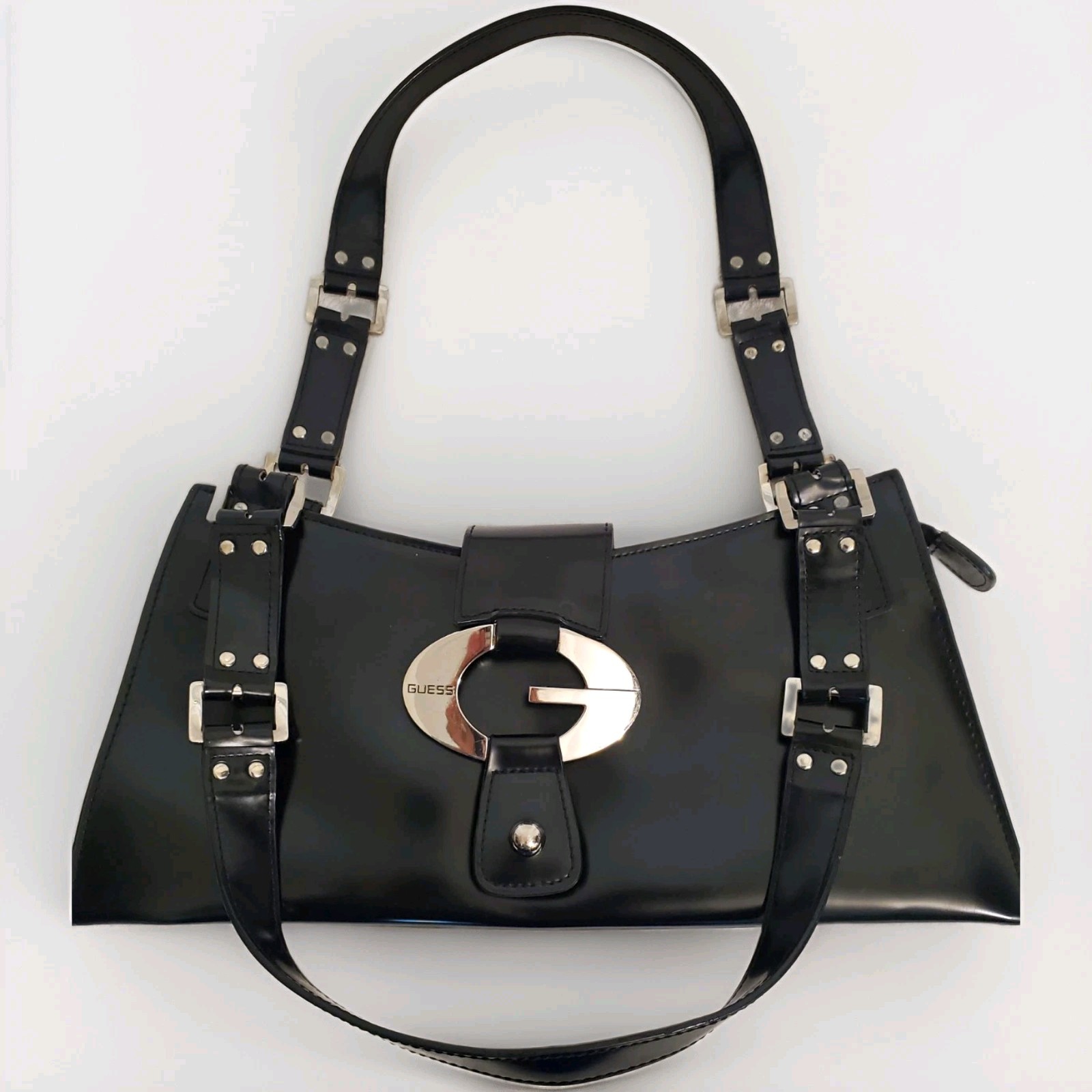 VTG GUESS Y2K Black Patent Double Handle Shoulder Bag In Big G VTG GUESS Y2K Black Patent Double Handle Shoulder Bag In Big G
