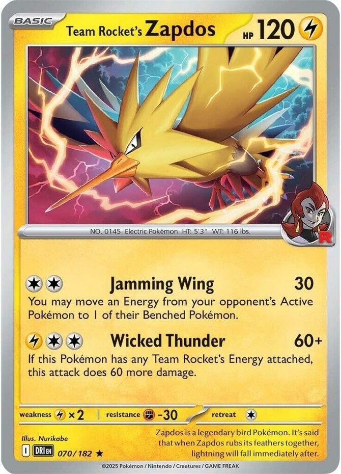 Team Rocket\'s Zapdos - 070/182 - Holo Rare (Near Mint) Destined Rivals - Lightni