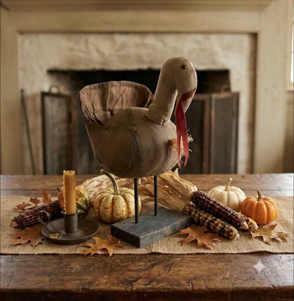 Primitive Handcrafted Thanksgiving Large Turkey on Stand 14\