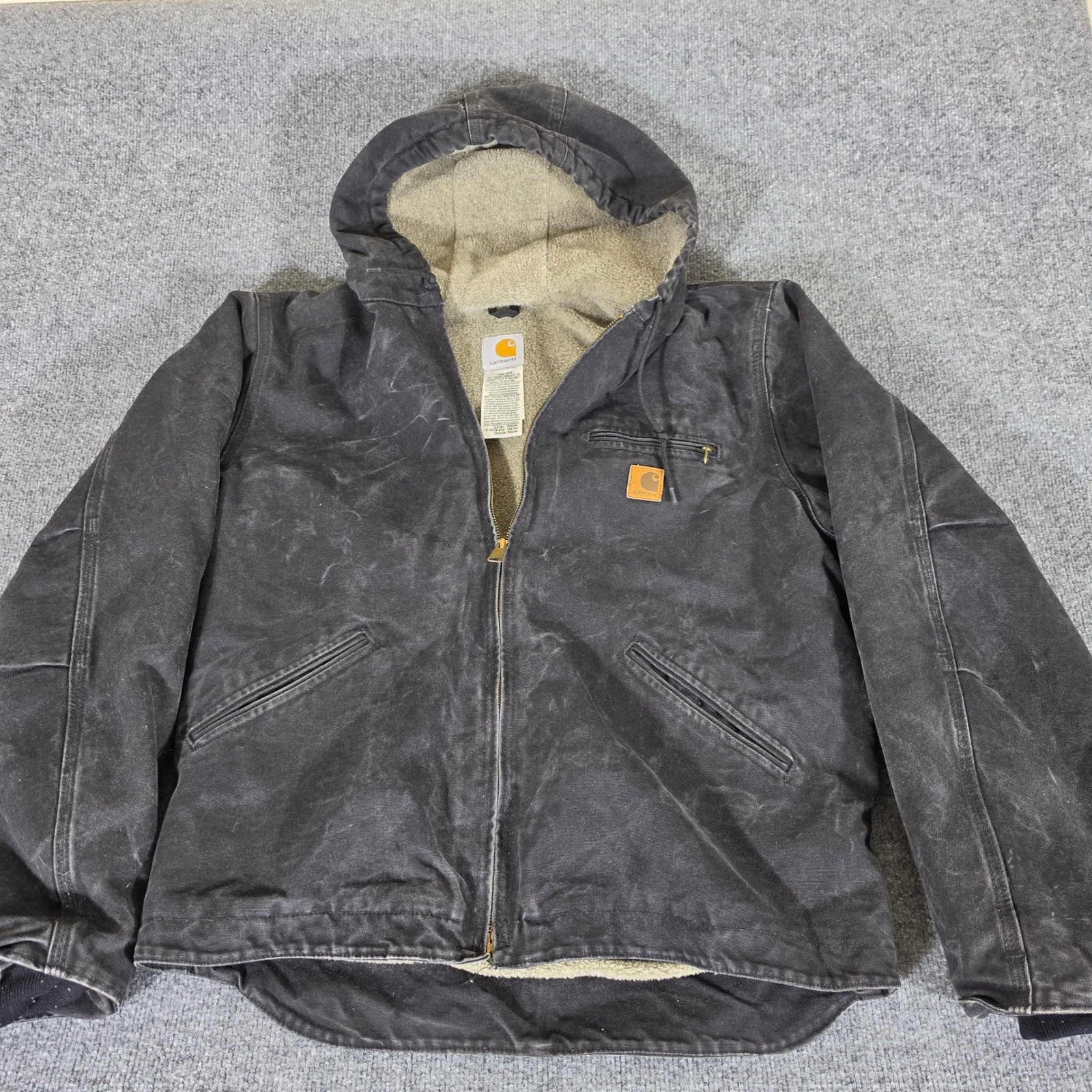 Carhartt J141 BLK Sierra Sherpa Lined Sandstone Duck Jacket Black Mens Large