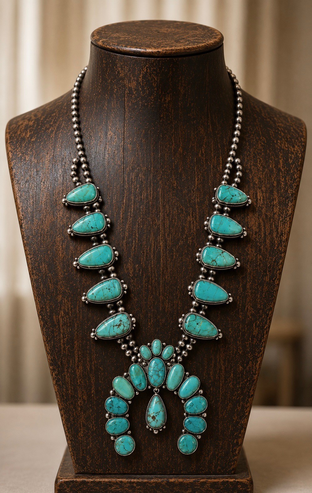 Western Turquoise Squash Blossom Necklace, Navajo Style Statement Necklace,