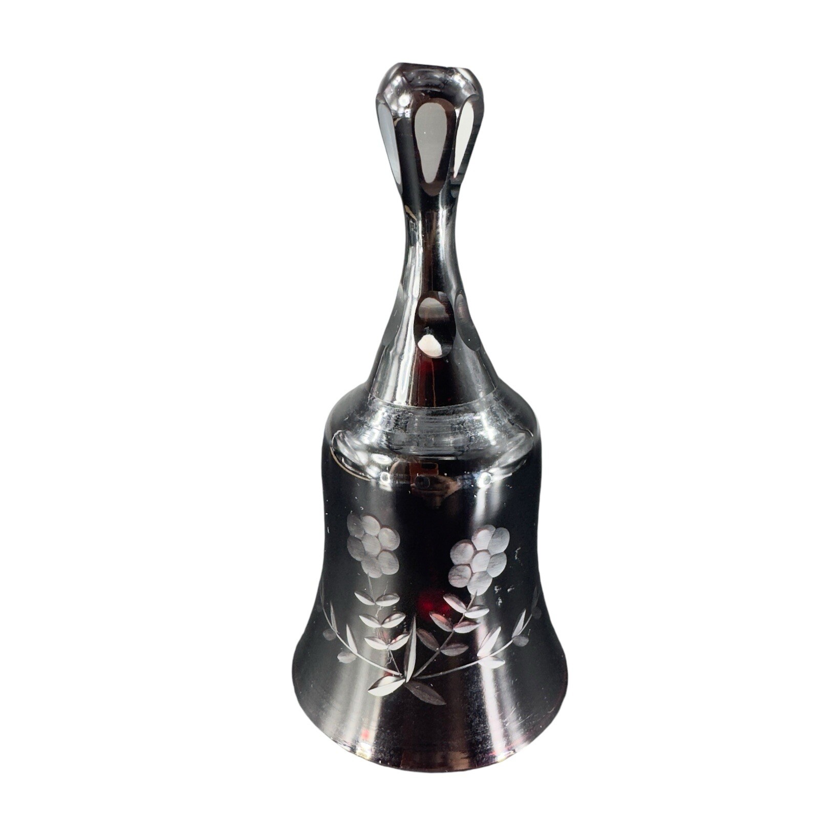 Antique Bohemian Czech Glass Crystal Cut To Clear Ruby Red Flower Pattern Bell