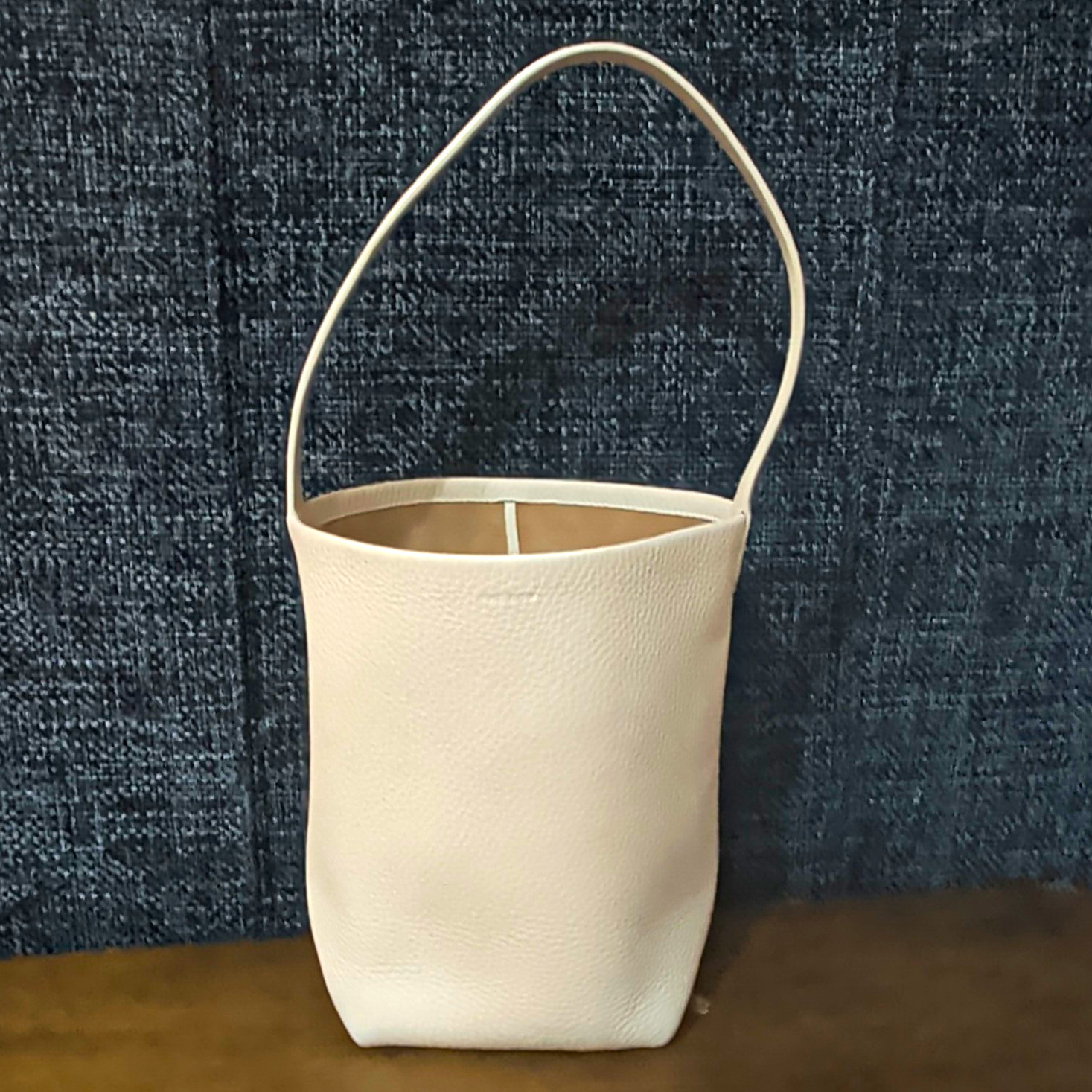 THE ROW Ivory Pebbled Finish Top Handle Bucket Bag w/ Stitching, Open THE ROW Ivory Pebbled Finish Top Handle Bucket Bag w/ Stitching, Open